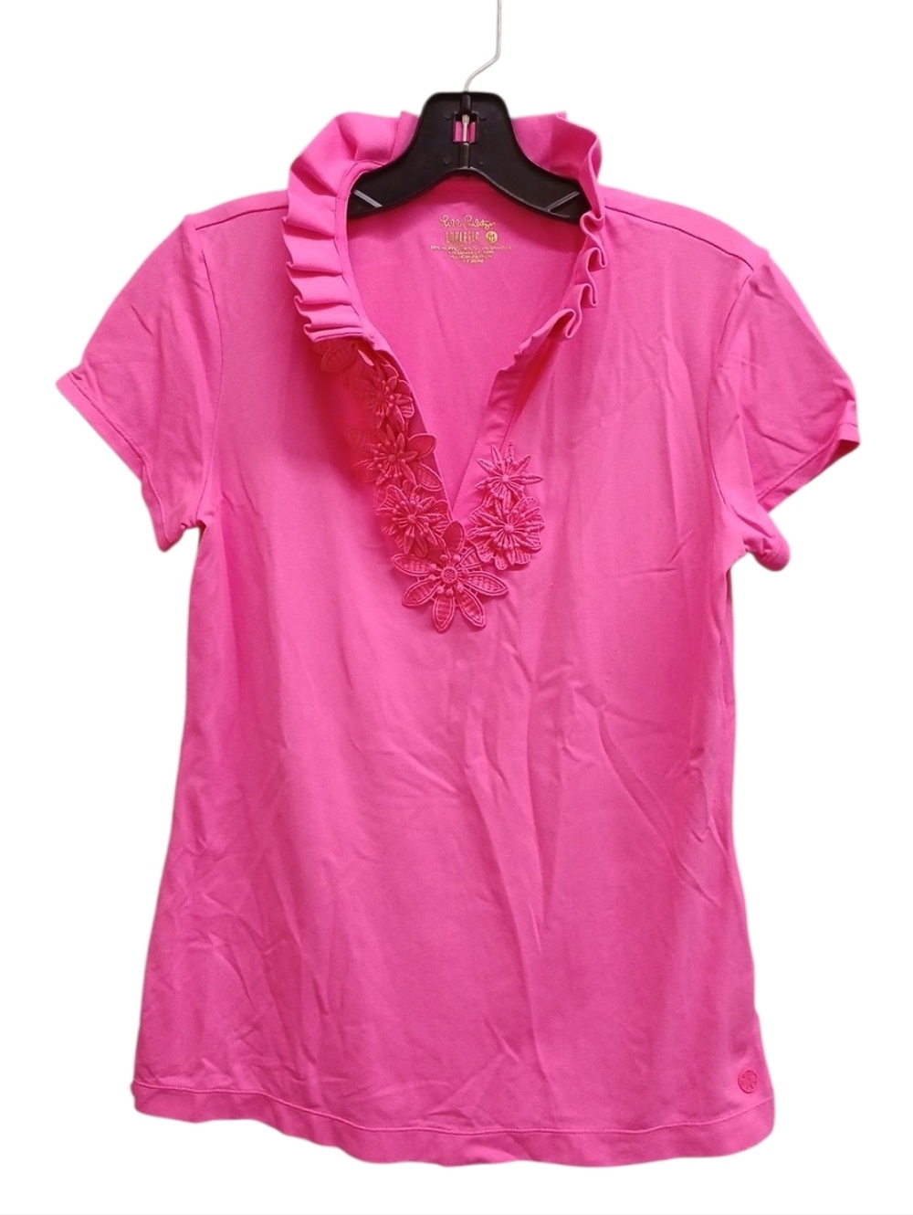 Lilly Pulitzer Luxletic Hot Pink Ruffle V-Neck Short Sleeve Polo Size Medium